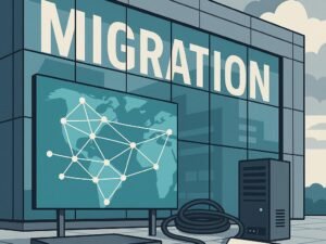 Modernes Bürogebäude mit Glasfassade, digitalen Karten, technischen Komponenten und Himmel mit Wolken, die Migration und Herausforderungen bei Website-Framework-Migration darstellen.