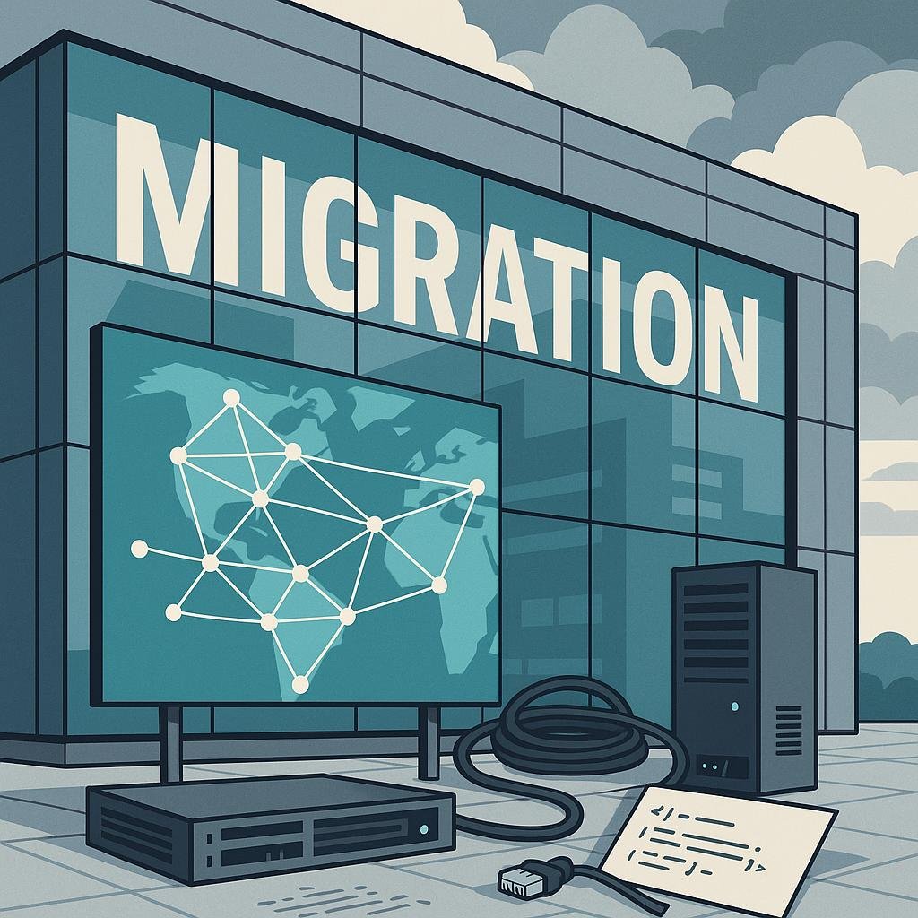 Modernes Bürogebäude mit Glasfassade, digitalen Karten, technischen Komponenten und Himmel mit Wolken, die Migration und Herausforderungen bei Website-Framework-Migration darstellen.