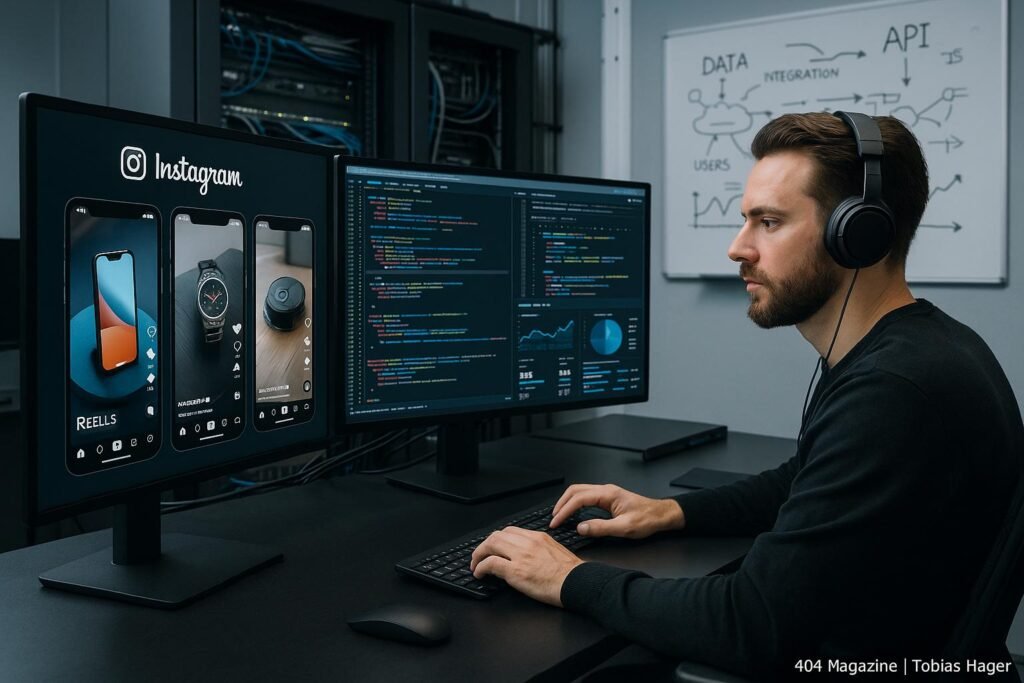 Ein Social-Media-Manager arbeitet an einem modernen Arbeitsplatz mit mehreren Bildschirmen, die Instagram Reels, Code und Performance-Daten anzeigen, im Hintergrund technische Komponenten und API-Skizzen, vermittelt High-Tech-Feeling und Innovation.