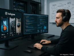 Ein Social-Media-Manager arbeitet an einem modernen Arbeitsplatz mit mehreren Bildschirmen, die Instagram Reels, Code und Performance-Daten anzeigen, im Hintergrund technische Komponenten und API-Skizzen, vermittelt High-Tech-Feeling und Innovation.