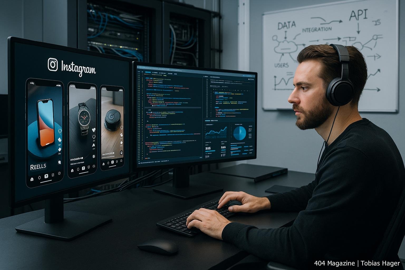Ein Social-Media-Manager arbeitet an einem modernen Arbeitsplatz mit mehreren Bildschirmen, die Instagram Reels, Code und Performance-Daten anzeigen, im Hintergrund technische Komponenten und API-Skizzen, vermittelt High-Tech-Feeling und Innovation.