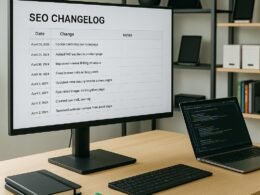 Modernes Büro-Setup mit großem Bildschirm, digitalem SEO-Changelog, Notizbüchern, Marker, Laptop und Regalen mit SEO-Tools und technischen Geräten. Credit: 404 Magazine (Tobias Hager)