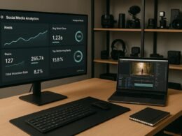 Moderner Arbeitsplatz mit großem Monitor, Laptop und technischen Geräten im Hintergrund, ideal für Content-Planung und Videobearbeitung