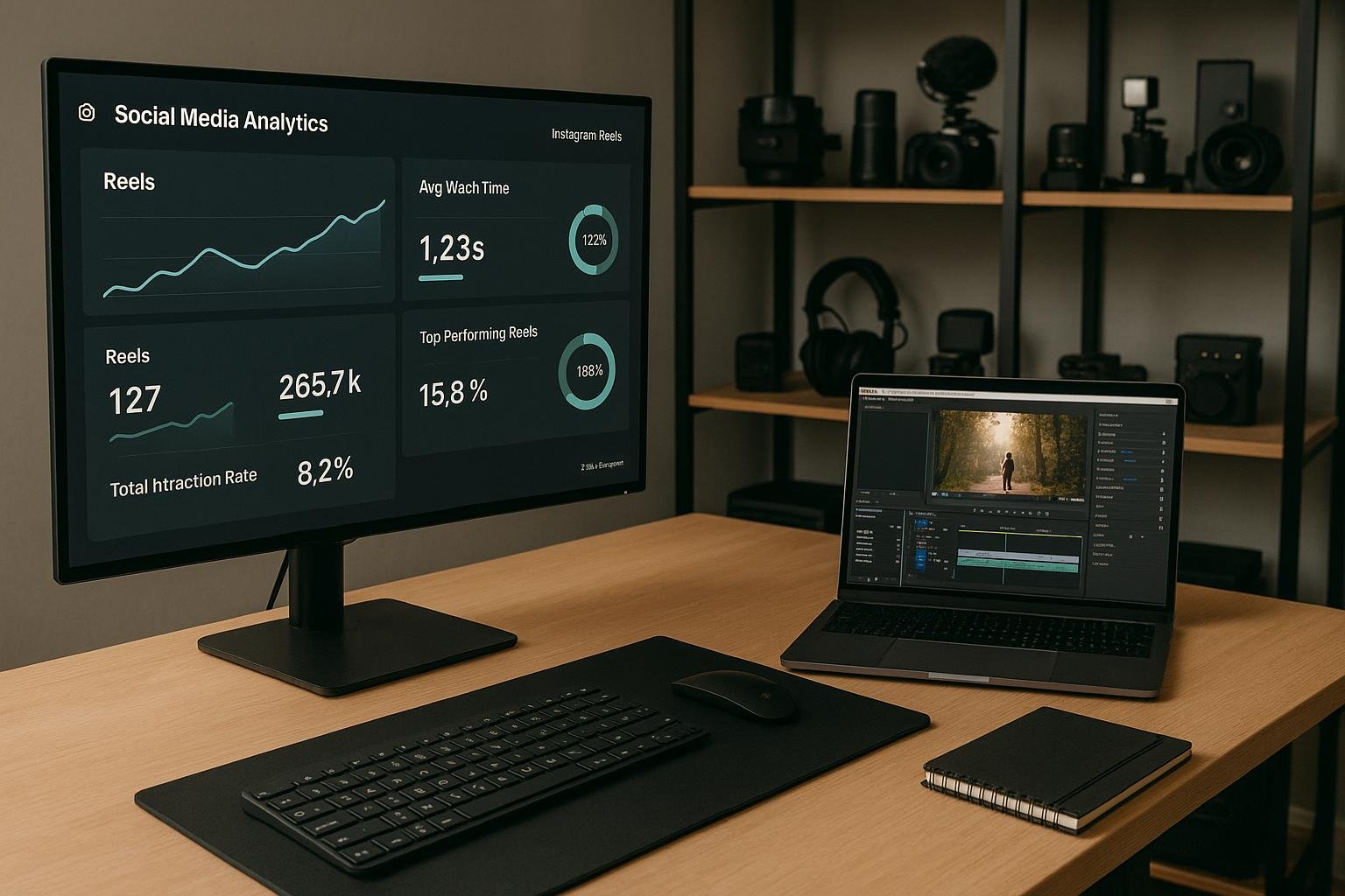 Moderner Arbeitsplatz mit großem Monitor, Laptop und technischen Geräten im Hintergrund, ideal für Content-Planung und Videobearbeitung