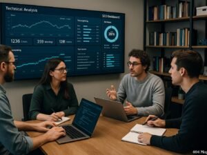 Team von Fachleuten in einem modernen Büro, die Strategien zur Lösung technischer SEO-Probleme auf einem großen Bildschirm analysieren