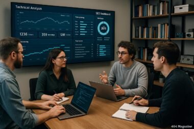 Team von Fachleuten in einem modernen Büro, die Strategien zur Lösung technischer SEO-Probleme auf einem großen Bildschirm analysieren