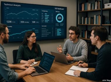 Team von Fachleuten in einem modernen Büro, die Strategien zur Lösung technischer SEO-Probleme auf einem großen Bildschirm analysieren