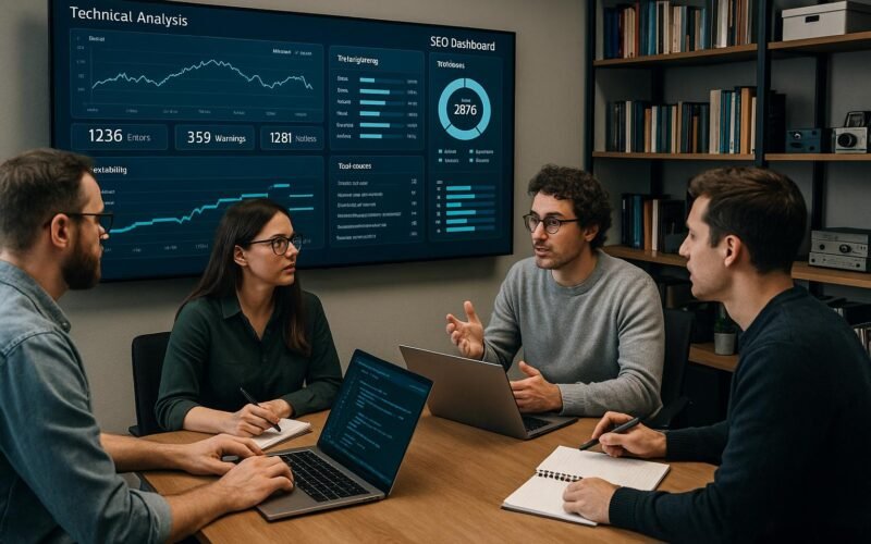 Team von Fachleuten in einem modernen Büro, die Strategien zur Lösung technischer SEO-Probleme auf einem großen Bildschirm analysieren