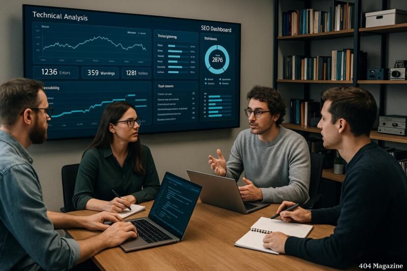 Team von Fachleuten in einem modernen Büro, die Strategien zur Lösung technischer SEO-Probleme auf einem großen Bildschirm analysieren