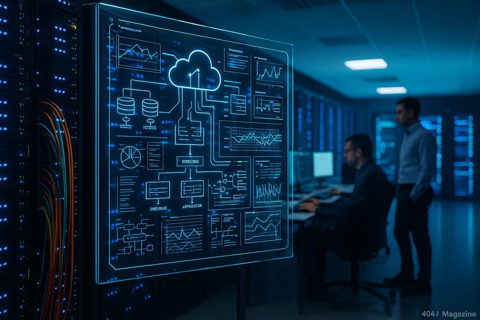 Rechenzentrum mit leuchtenden blauen Server-LEDs, bunten Kabelbündeln, digitaler Bildschirmwand mit Cloud-Visualisierungen und überwachten Automatisierungsprozessen, im Hintergrund Mitarbeiter in Business-Casual-Outfits
