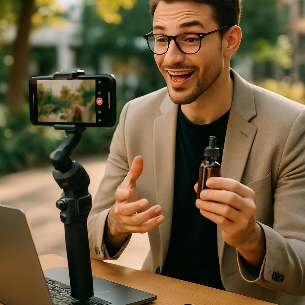 Moderner ContentCreator filmt ein dynamisches Instagram Reel im Freien mit Smartphone und Stabilisator vor grünem Hintergrund, bei hellem natürlichem Licht