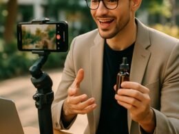 Moderner ContentCreator filmt ein dynamisches Instagram Reel im Freien mit Smartphone und Stabilisator vor grünem Hintergrund, bei hellem natürlichem Licht