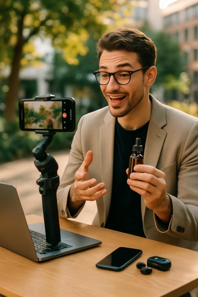 Moderner ContentCreator filmt ein dynamisches Instagram Reel im Freien mit Smartphone und Stabilisator vor grünem Hintergrund, bei hellem natürlichem Licht