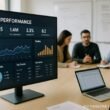 Modernes Büro mit großem Bildschirm, der SEO-Daten und KPIs visualisiert, im Hintergrund Teammitglieder bei einer Strategie-Diskussion, Whiteboards mit SEO-Strategien, Tobias Hager, 404 Magazine