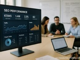 Modernes Büro mit großem Bildschirm, der SEO-Daten und KPIs visualisiert, im Hintergrund Teammitglieder bei einer Strategie-Diskussion, Whiteboards mit SEO-Strategien, Tobias Hager, 404 Magazine