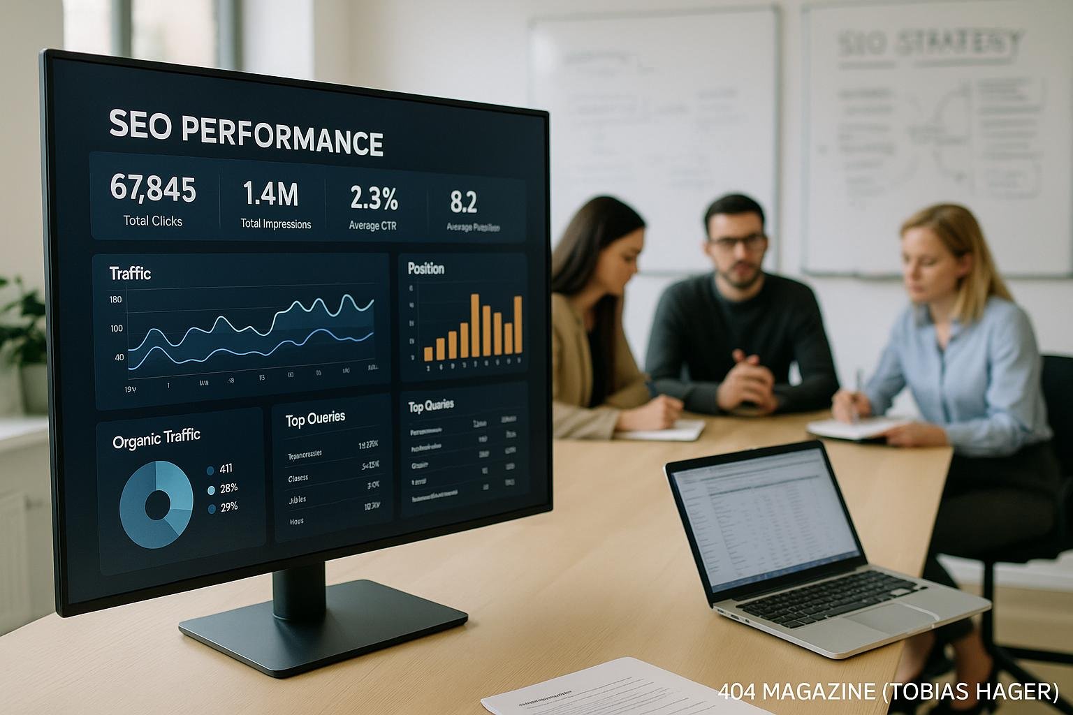Modernes Büro mit großem Bildschirm, der SEO-Daten und KPIs visualisiert, im Hintergrund Teammitglieder bei einer Strategie-Diskussion, Whiteboards mit SEO-Strategien, Tobias Hager, 404 Magazine