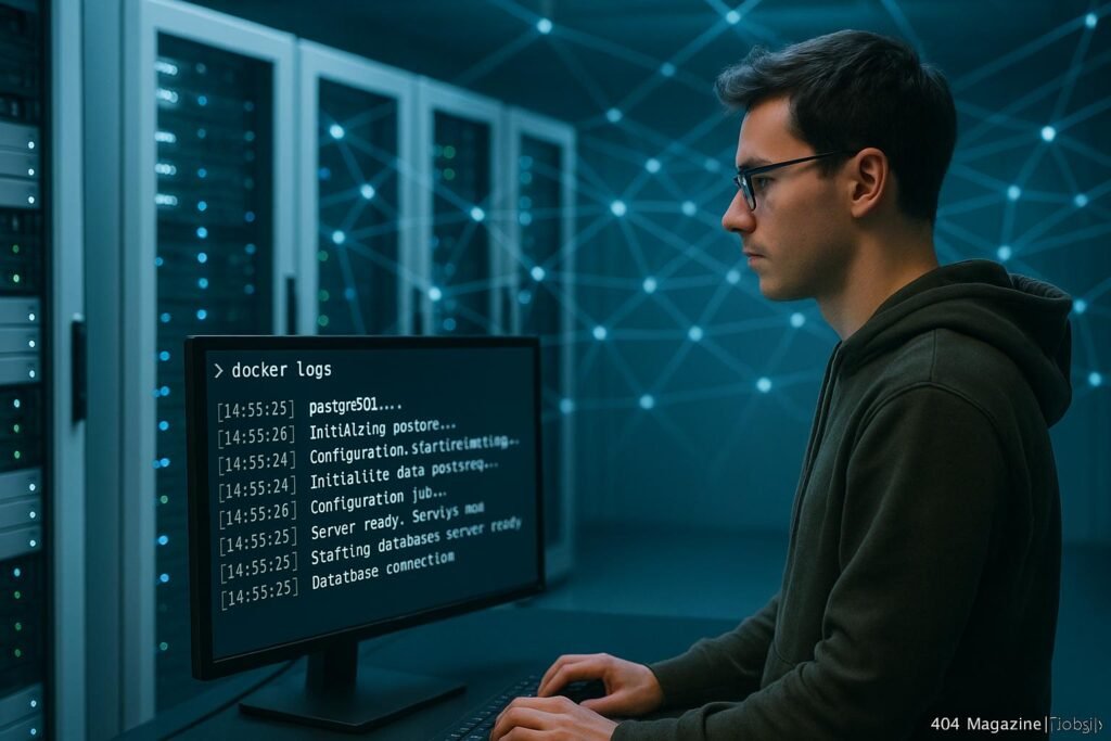Junger Entwickler arbeitet vor einem Monitor in einem modernen Serverraum mit weißen Rack-Servern und virtuellen Netzwerkverbindungen, beleuchtet von kühlem Licht. Credit: 404 Magazine (Tobias Hager)