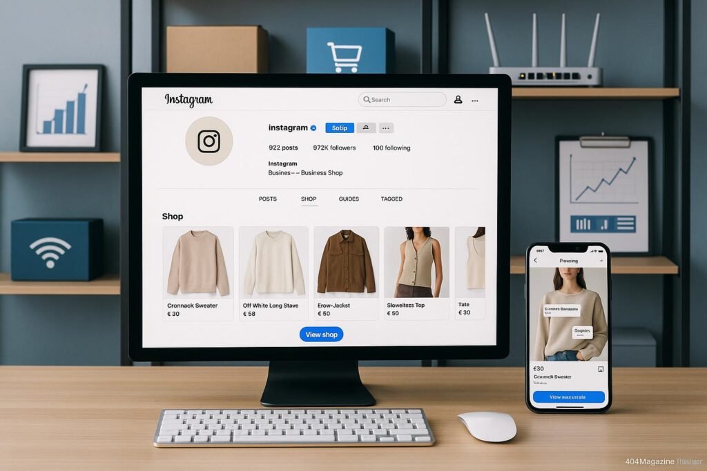 Moderner Arbeitsplatz mit Desktop, Smartphone und Regalen mit E-Commerce-Tools sowie Graphen, zeigt Instagram Business-Seiten und shoppable Content, Credit: 404 Magazine (Tobias Hager).