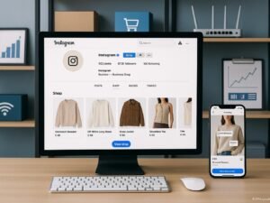 Moderner Arbeitsplatz mit Desktop, Smartphone und Regalen mit E-Commerce-Tools sowie Graphen, zeigt Instagram Business-Seiten und shoppable Content, Credit: 404 Magazine (Tobias Hager).