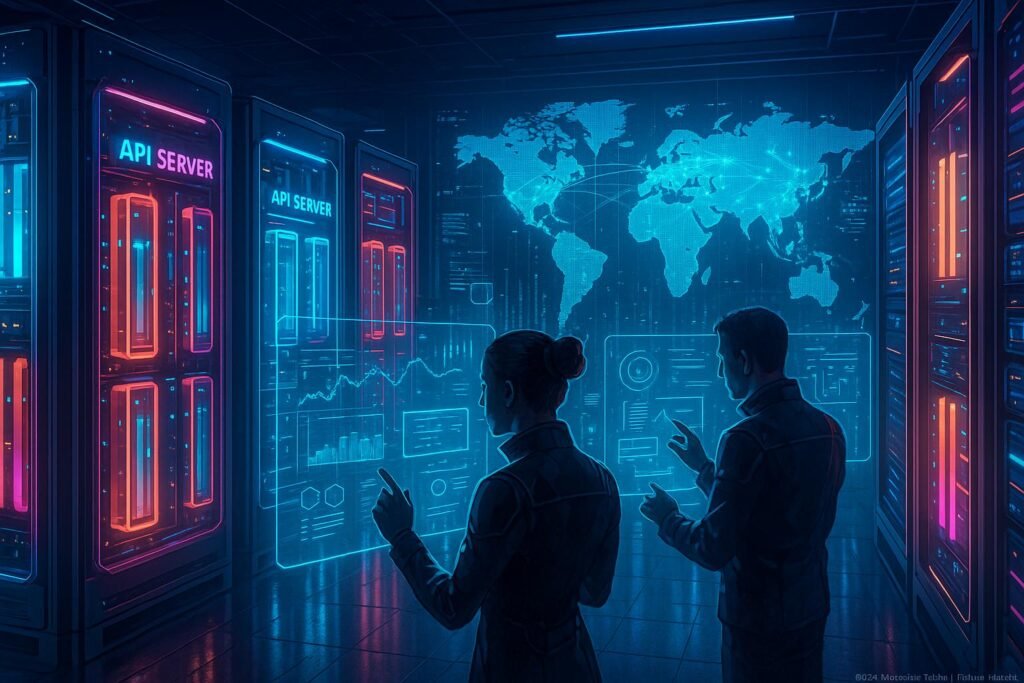 Futuristischer Serverraum mit leuchtenden API-Servern, holographischen Datenströmen und Entwicklern in futuristischer Kleidung vor einer digitalen Weltkarte. Credit: 404 Magazine (Tobias Hager)