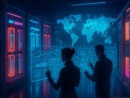 Futuristischer Serverraum mit leuchtenden API-Servern, holographischen Datenströmen und Entwicklern in futuristischer Kleidung vor einer digitalen Weltkarte. Credit: 404 Magazine (Tobias Hager)