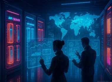 Futuristischer Serverraum mit leuchtenden API-Servern, holographischen Datenströmen und Entwicklern in futuristischer Kleidung vor einer digitalen Weltkarte. Credit: 404 Magazine (Tobias Hager)