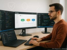 Ein Entwickler sitzt vor mehreren Monitoren in einem minimalistischen Büro, die bunte Code-Editoren, Diagramme und automatische CI/CD-Prozesse anzeigen, mit Symbolen für Sicherheit, Effizienz und Schnelligkeit im Hintergrund. Credit: 404 Magazine (Tobias Hager)