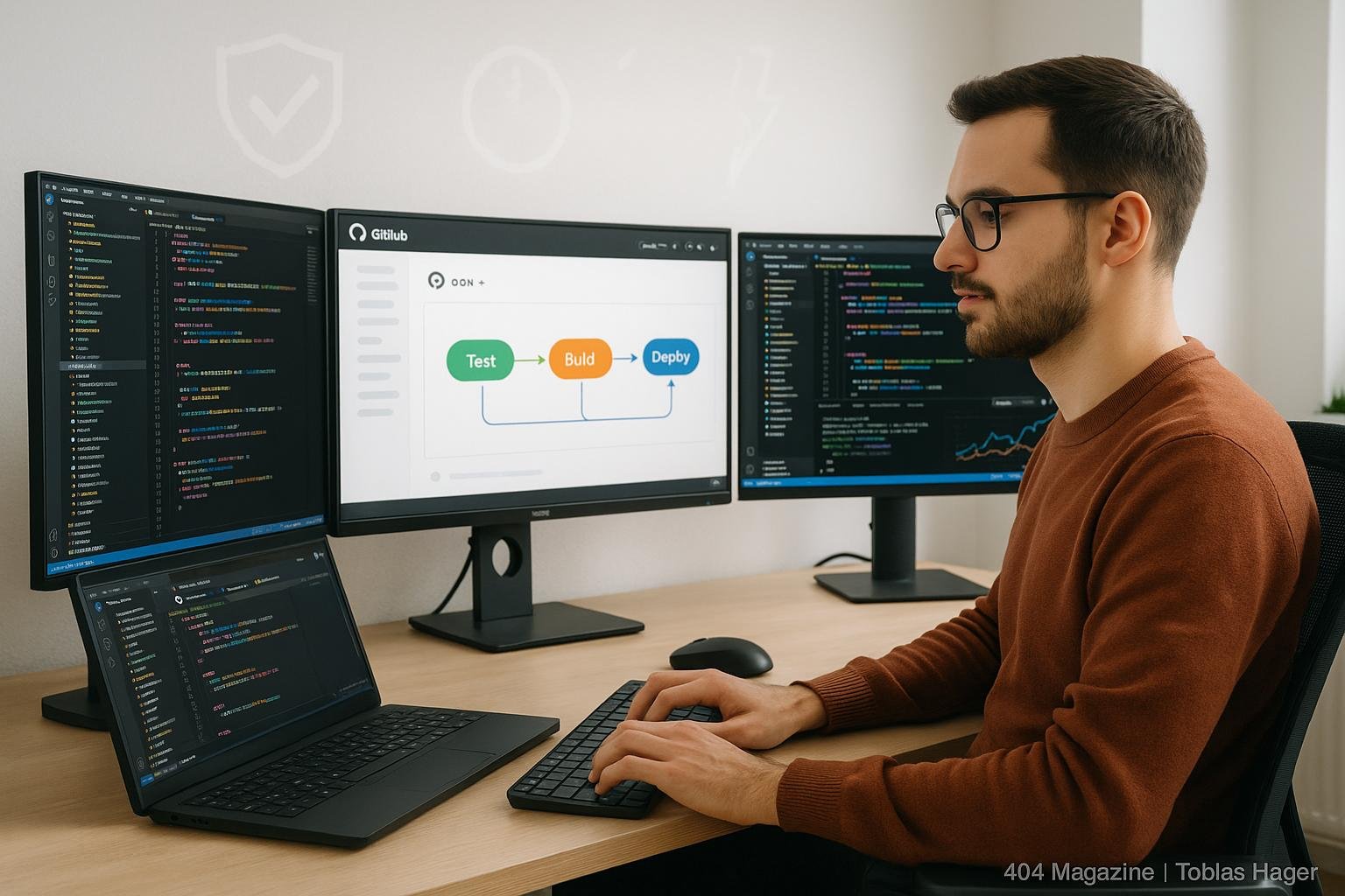 Ein Entwickler sitzt vor mehreren Monitoren in einem minimalistischen Büro, die bunte Code-Editoren, Diagramme und automatische CI/CD-Prozesse anzeigen, mit Symbolen für Sicherheit, Effizienz und Schnelligkeit im Hintergrund. Credit: 404 Magazine (Tobias Hager)