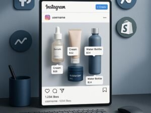 Moderner Instagram-Post mit mehreren Produkten, professionellem Design und technischen Infrastruktur-Icons im Hintergrund.