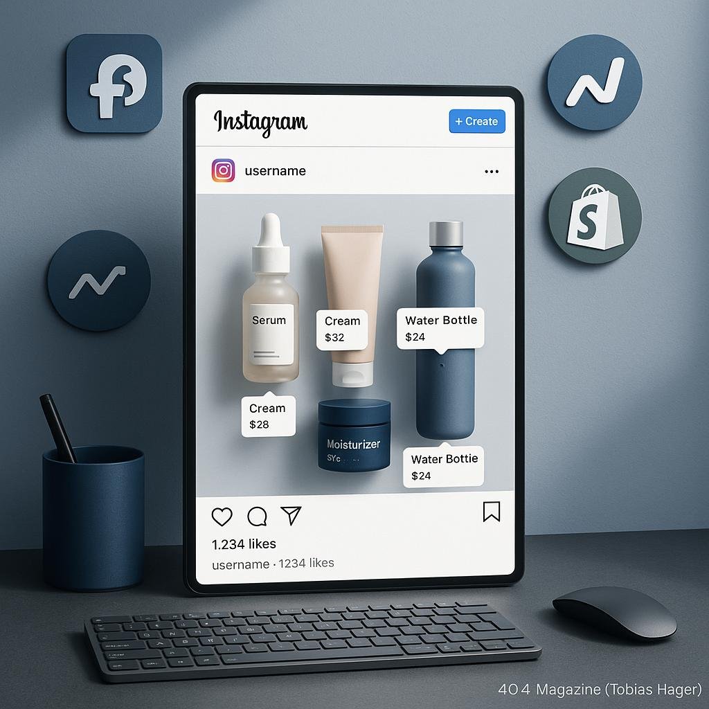 Moderner Instagram-Post mit mehreren Produkten, professionellem Design und technischen Infrastruktur-Icons im Hintergrund.