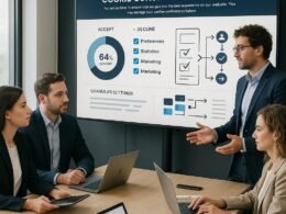Modernes Büroumfeld mit digitalem Cookie-Consent-Dashboard und Teamdiskussionen