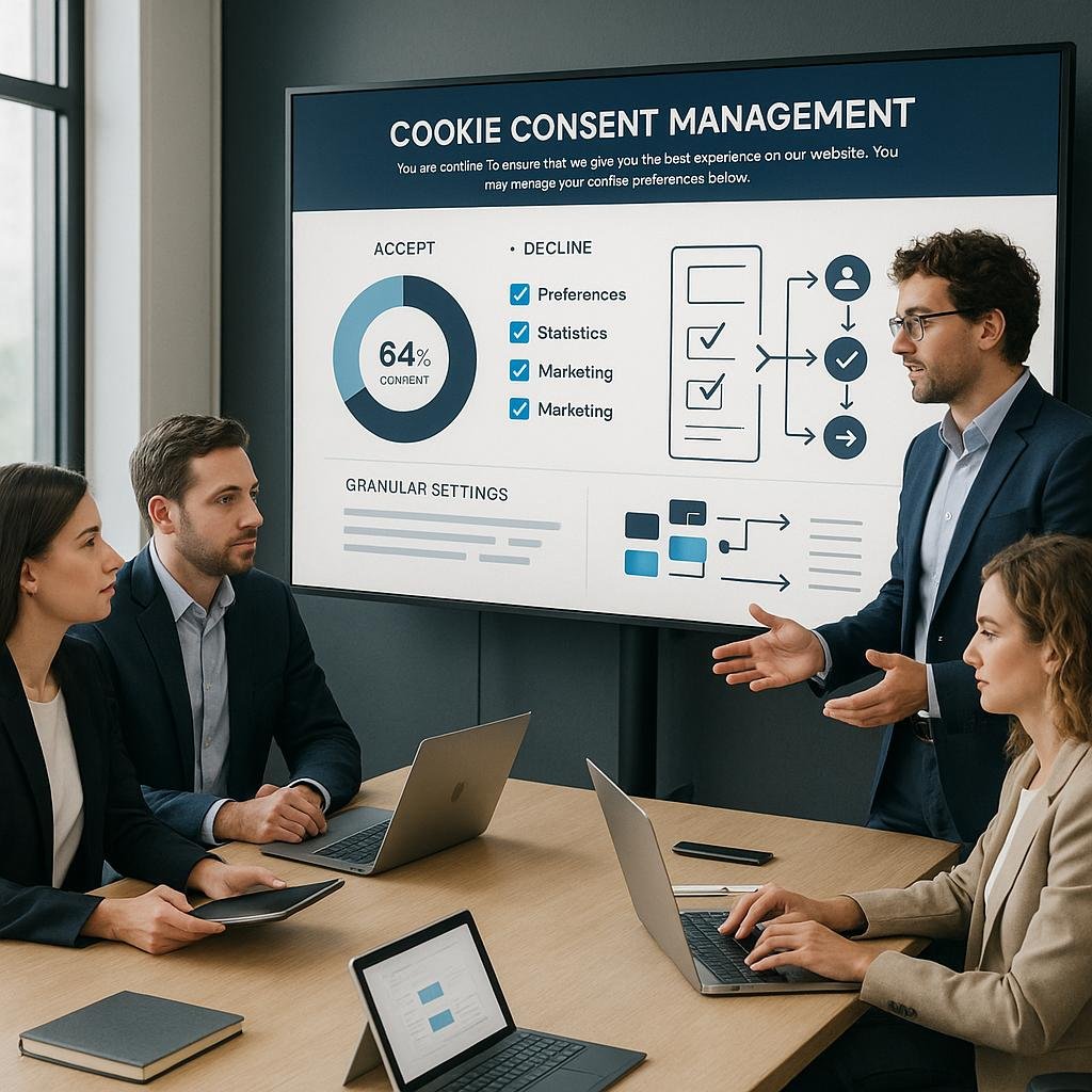 Modernes Büroumfeld mit digitalem Cookie-Consent-Dashboard und Teamdiskussionen