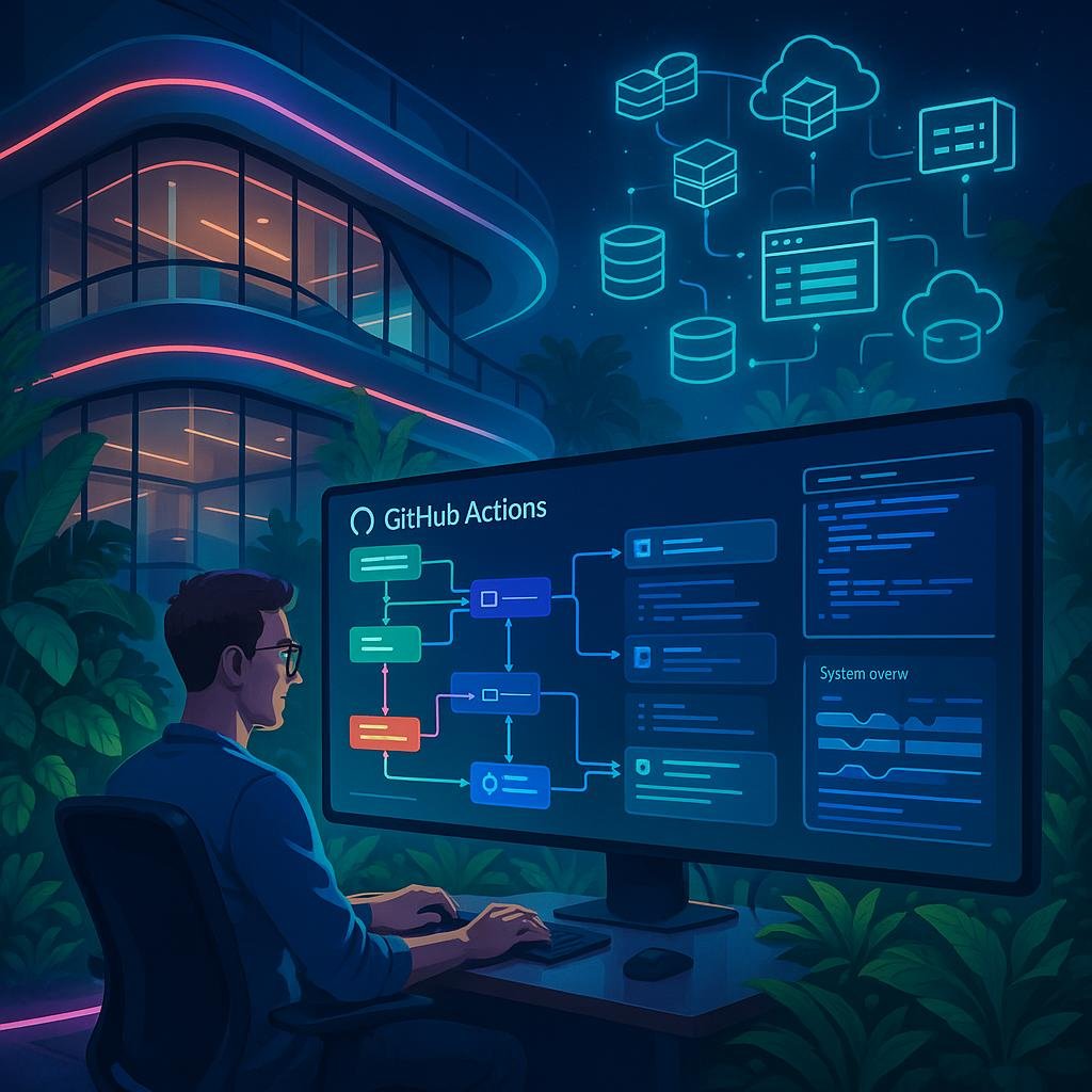Entwickler arbeitet in modernem futuristischem Büro mit großen Bildschirm, auf dem Visualisierungen von GitHub Actions Workflows, Servern und Cloud-Architekturen dargestellt sind.