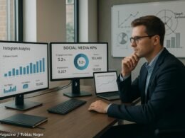 Ein professioneller Digital Marketing Stratege arbeitet an einem Schreibtisch mit mehreren Bildschirmen, die Instagram-Analysen, KPIs und Kampagnendaten anzeigen, im modernen Büro mit großer Fensterfront und Whiteboard mit Diagrammen.