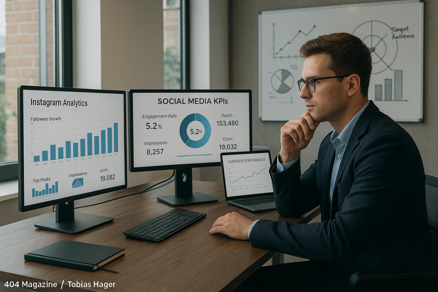 Ein professioneller Digital Marketing Stratege arbeitet an einem Schreibtisch mit mehreren Bildschirmen, die Instagram-Analysen, KPIs und Kampagnendaten anzeigen, im modernen Büro mit großer Fensterfront und Whiteboard mit Diagrammen.
