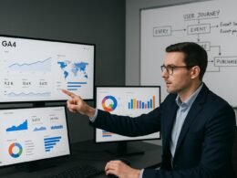 Moderner Digitalarbeitsplatz mit mehreren Monitoren, die GA4-Dashboards mit Grafiken und KPI-Daten zeigen, während ein Marketer Daten analysiert, hinter ihm Whiteboards mit Flussdiagrammen im High-Tech-Umfeld. Credit: 404 Magazine (Tobias Hager)