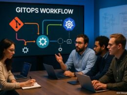 IT-Profis im Business-Casual-Outfit diskutieren in einem modernen Konferenzraum mit großem Bildschirm, der den GitOps-Workflow mit Symbolen für Git, Kubernetes und Automatisierung zeigt.