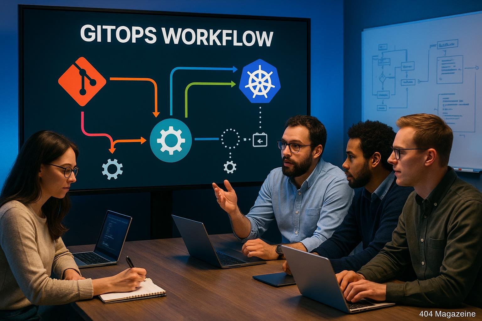 IT-Profis im Business-Casual-Outfit diskutieren in einem modernen Konferenzraum mit großem Bildschirm, der den GitOps-Workflow mit Symbolen für Git, Kubernetes und Automatisierung zeigt.