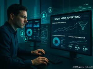 Fachmann arbeitet an einem hochentwickelten digitalen Arbeitsplatz mit mehreren Monitoren, die Social Media Daten, Zielgruppenanalysen und Leistungsmessungen anzeigen, in einem modernen, minimalistisch gestalteten Büro.
