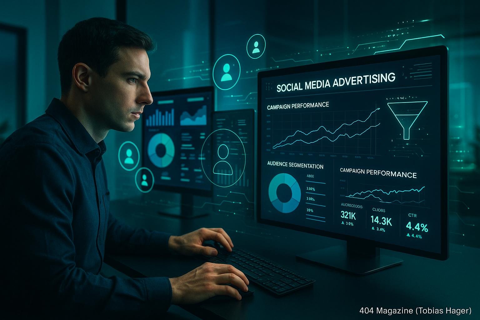 Fachmann arbeitet an einem hochentwickelten digitalen Arbeitsplatz mit mehreren Monitoren, die Social Media Daten, Zielgruppenanalysen und Leistungsmessungen anzeigen, in einem modernen, minimalistisch gestalteten Büro.