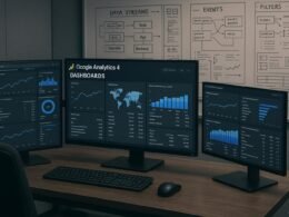 Moderner Büroarbeitsplatz mit mehreren Monitoren, die komplexe Google Analytics 4 Dashboards mit Diagrammen, Grafiken und Datenübersichten zeigen, im Hintergrund Strategietafeln und Whiteboards mit Skizzen zu Datenströmen und Events. Credit: 404 Magazine (Tobias Hager).