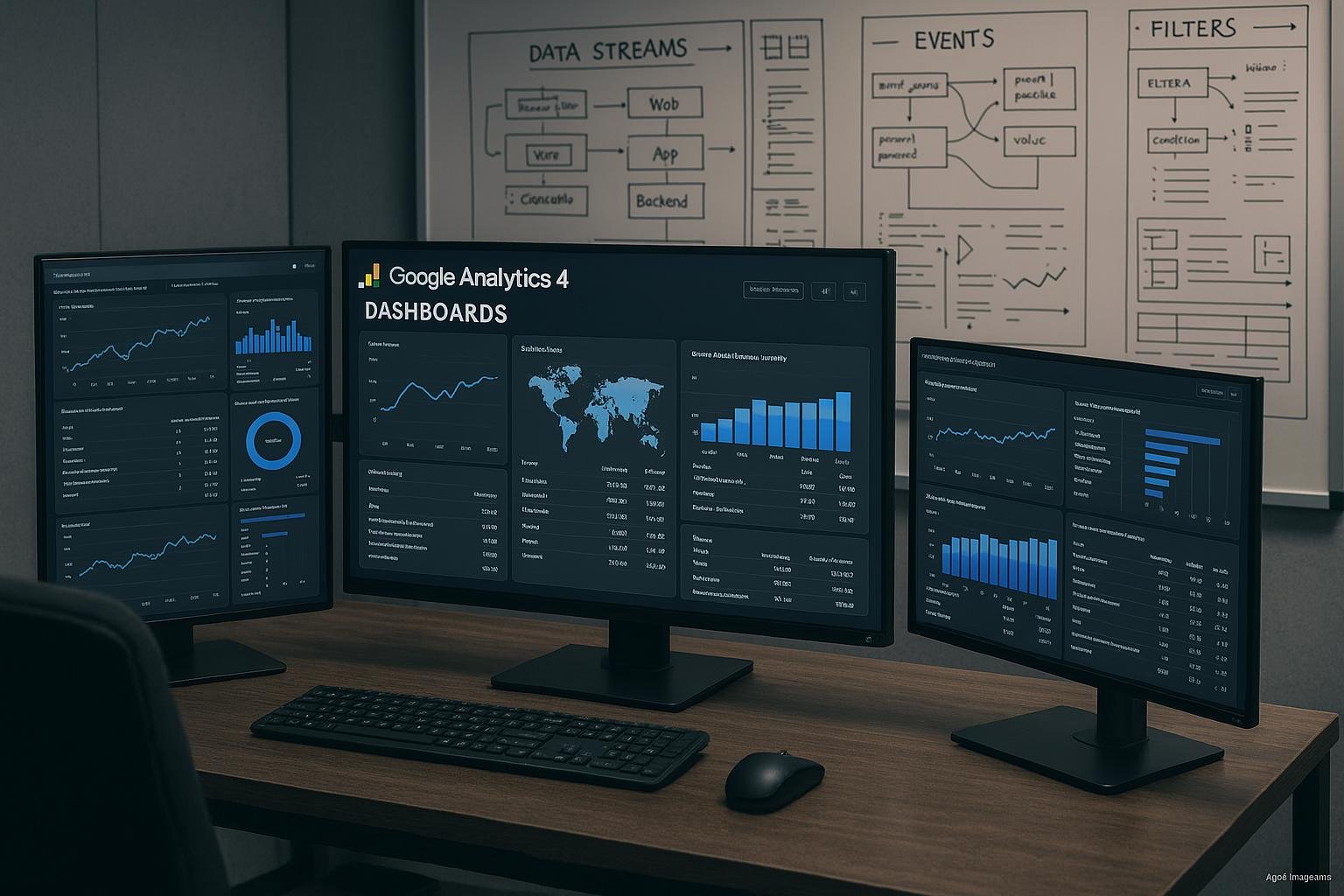 Moderner Büroarbeitsplatz mit mehreren Monitoren, die komplexe Google Analytics 4 Dashboards mit Diagrammen, Grafiken und Datenübersichten zeigen, im Hintergrund Strategietafeln und Whiteboards mit Skizzen zu Datenströmen und Events. Credit: 404 Magazine (Tobias Hager).