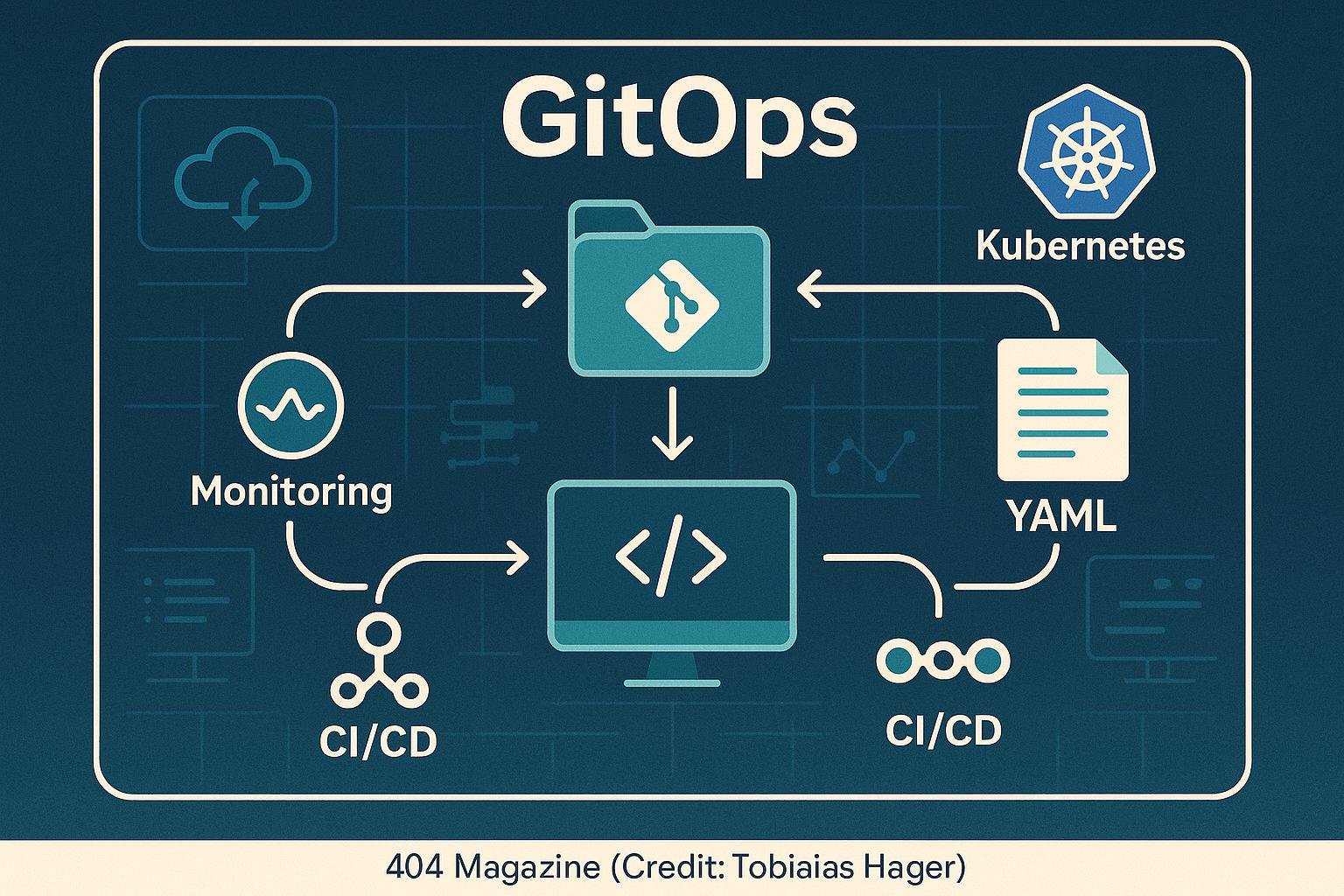 Stilisiertes Diagramm des GitOps-Workflows mit Git-Repository, Kubernetes, YAML, CI/CD und Monitoring-Tools, das Automatisierungsfluss zeigt