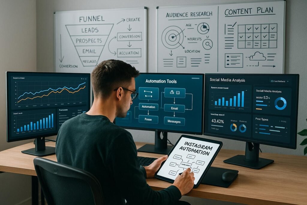 Moderner Arbeitsplatz mit mehreren Monitoren, auf denen Diagramme, Automatisierungs-Tools und Social-Media-Analysen zu sehen sind. Im Vordergrund arbeitet eine Person mit Tablet, im Hintergrund Whiteboards mit Skizzen zu Funnels und Zielgruppenanalyse.