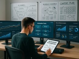 Moderner Arbeitsplatz mit mehreren Monitoren, auf denen Diagramme, Automatisierungs-Tools und Social-Media-Analysen zu sehen sind. Im Vordergrund arbeitet eine Person mit Tablet, im Hintergrund Whiteboards mit Skizzen zu Funnels und Zielgruppenanalyse.