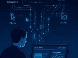 Futuristisches technisches Diagramm zeigt Nutzerinteraktion, Datenströme, API-Kommunikation und Dashboard in Google Analytics 4.