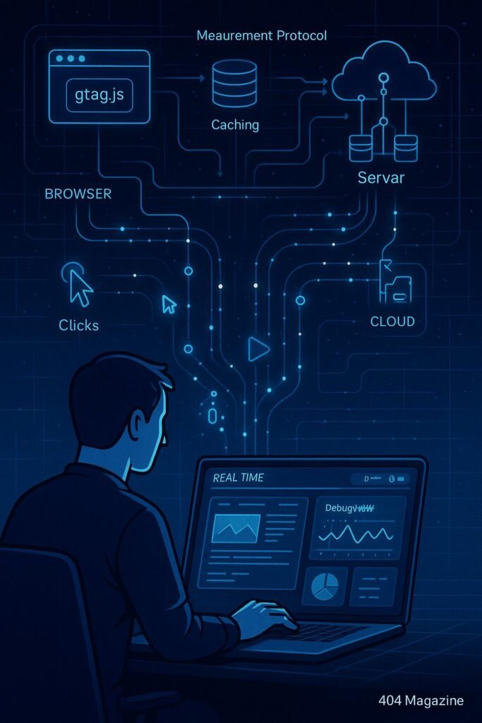 Futuristisches technisches Diagramm zeigt Nutzerinteraktion, Datenströme, API-Kommunikation und Dashboard in Google Analytics 4.
