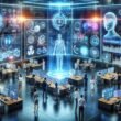 Futuristisches Marketingbüro mit holographischen Displays, KI-Avataren und interaktiven Touchscreens, das Innovation und technologische Zukunft zeigt.