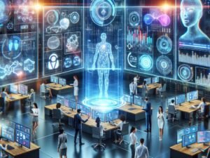 Futuristisches Marketingbüro mit holographischen Displays, KI-Avataren und interaktiven Touchscreens, das Innovation und technologische Zukunft zeigt.