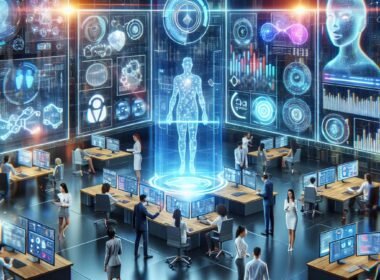 Futuristisches Marketingbüro mit holographischen Displays, KI-Avataren und interaktiven Touchscreens, das Innovation und technologische Zukunft zeigt.